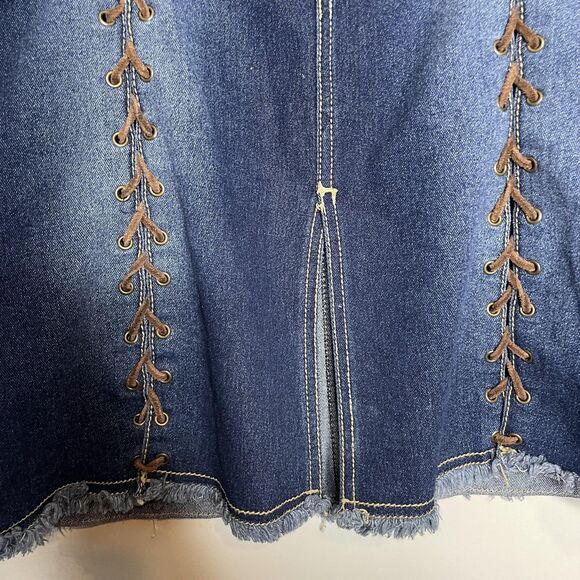 Rave Skirt Jumiors 15 Blue Denim Lace-Up Raw Hem Slit Midi Jean Y2K Vintage - Picture 2 of 9